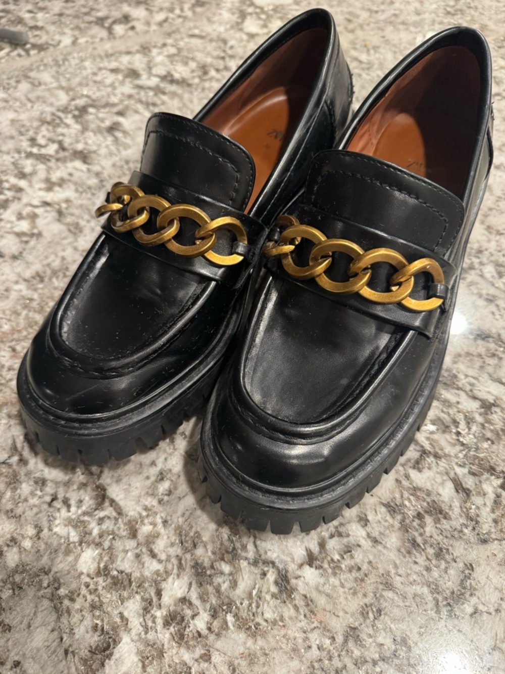 Zara Black Leather Loafers with Gold Chain Detail